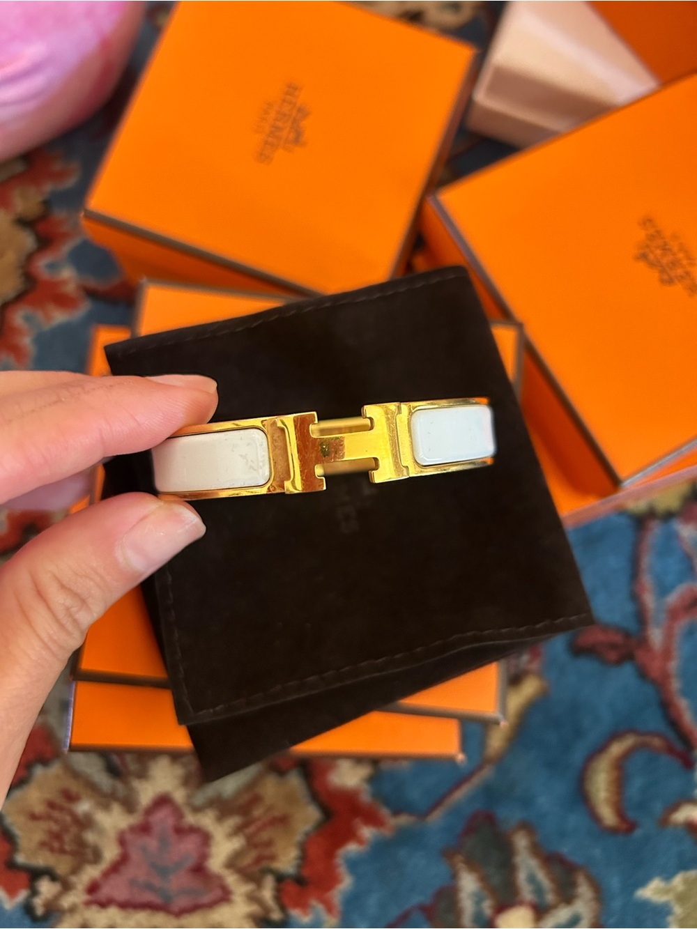 Hermes White and Gold Clic Clac H Bracelet - Women's Fashion Accessory
